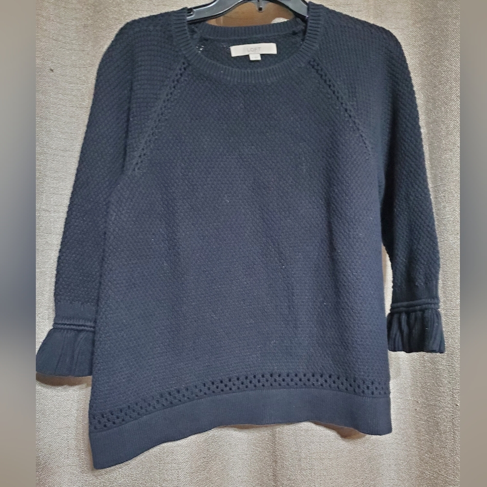 Ann Taylor LOFT SZ M knitted cotton sweater flare sleeves crochet detail hem